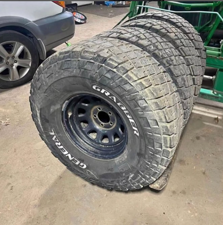 4-35×12.50R1 5 General Grabber on 15"x8" steel wheels with 5×4.5 lug pattern.